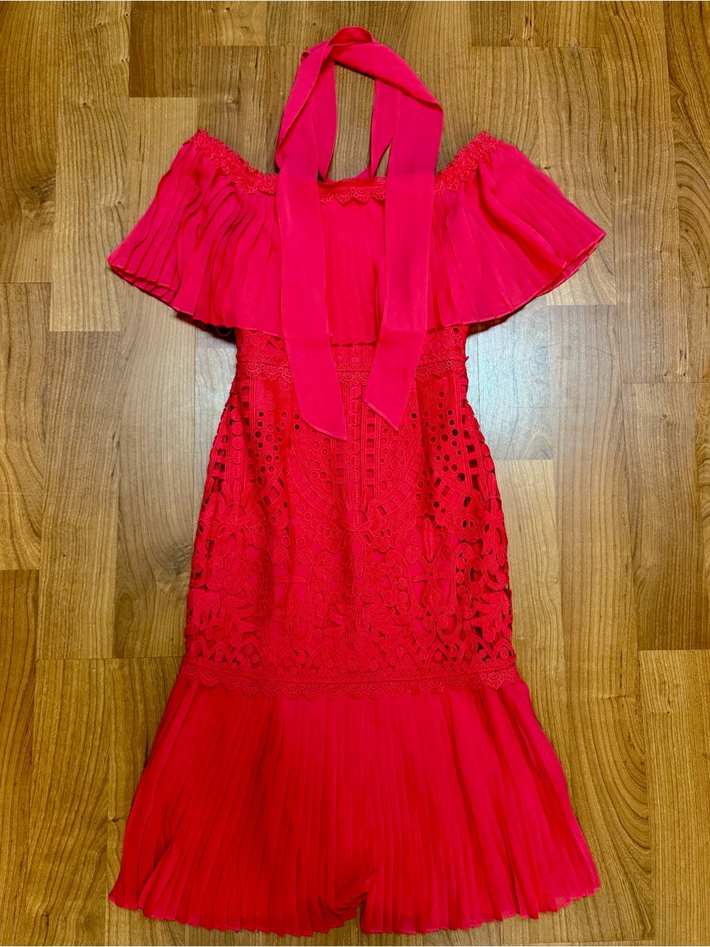 Temperley London Off-Shoulder Red Lace & Pleated Dress